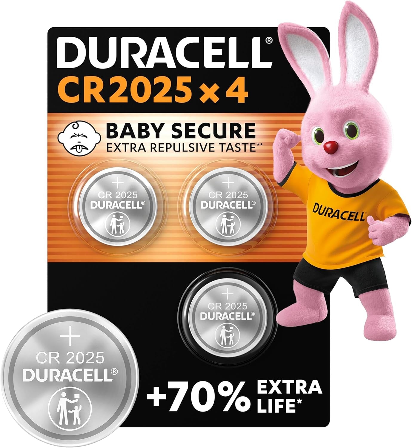 2025 Lithium Coin Batteries 3V (4 Pack) - up to 70% Extra Life - Baby Secure Technology - for Use in Key Fobs, Fitness Watches and 3D Glasses - Baby Secure Packaging
