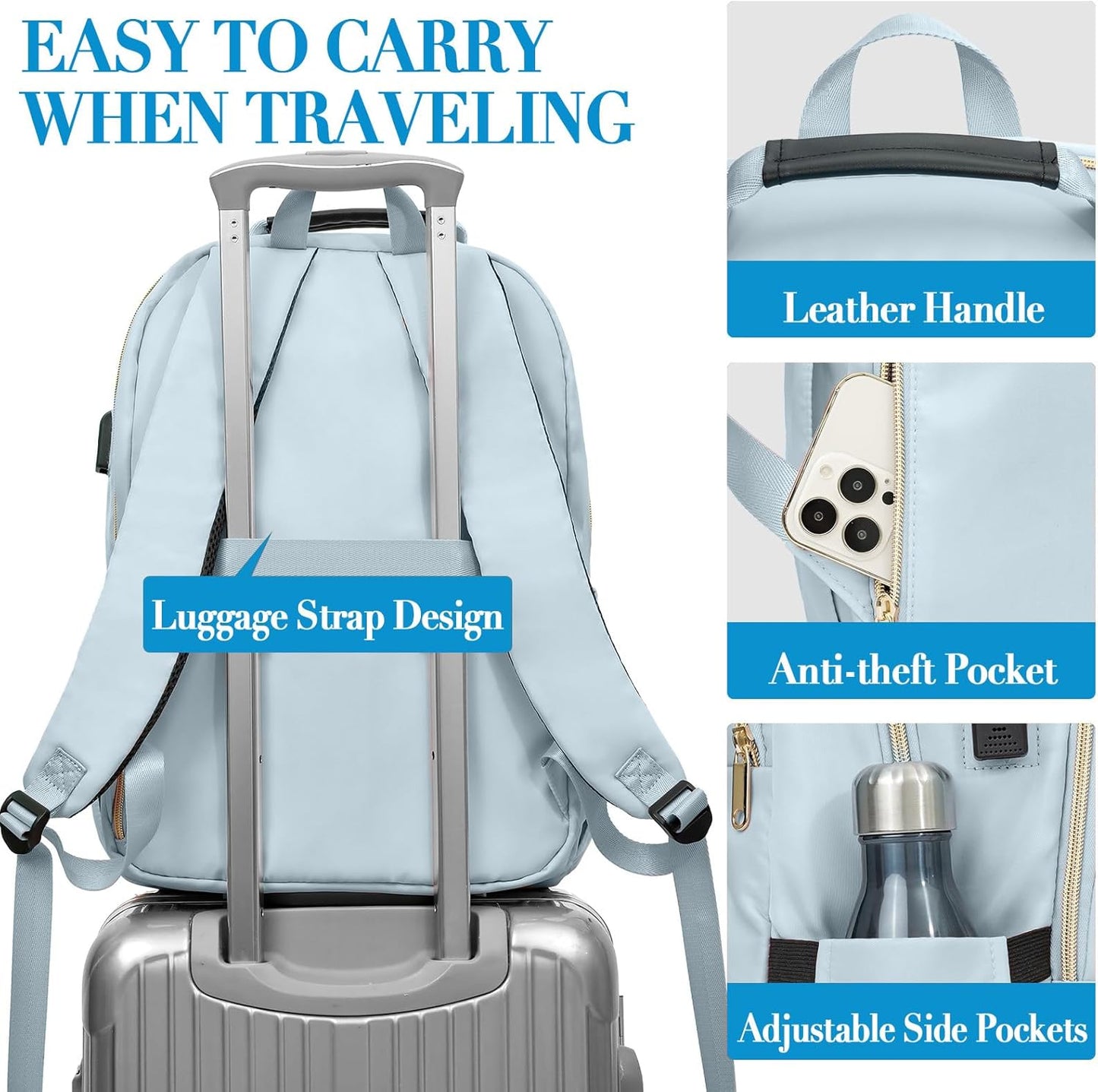 Backpack for Women, School Backpacks for Teen Girls, Stylish Cute Laptop Backpack, Teacher Student College Bookbags, Light Blue