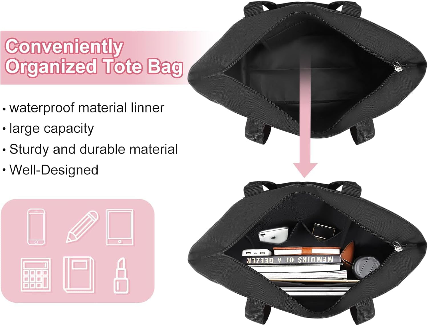 A-Z Initial Personalized Tote Bag, Waterproof Gifts for Women, Bridesmaids, Mom, Teachers, Friends (01-Black, S)
