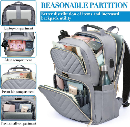 Backpack Women'S 15.6 Inch School Backpack Girls Teenagers with Charging Port for Lapptop Work Waterproof Backpack College Travel Business Everyday Women School Grey