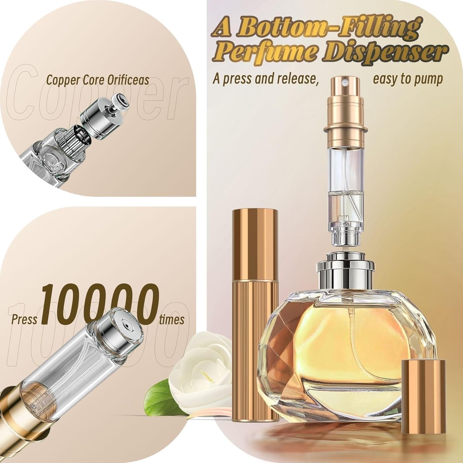 Refillable Perfume Atomiser 10Ml – Portable Travel Spray Bottle for Women & Men, Mini Aftershave Dispenser, Handbag Size Atomiser for Travel, Easy to Refill, Leak-Proof Design(Golden)