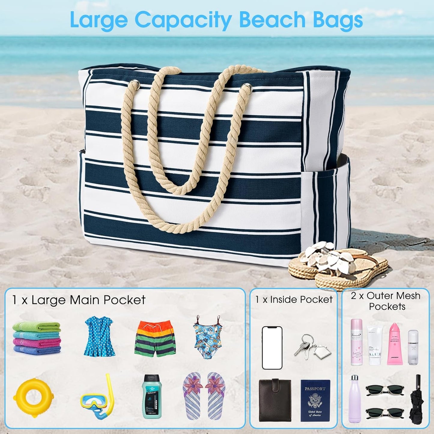 Beach Bag Large Waterproof Beach Tote Bags with Zip and Rope Handle Summer Holiday Essentials Shoulder Handbags for Travel Shopping Pool Gym Picnic
