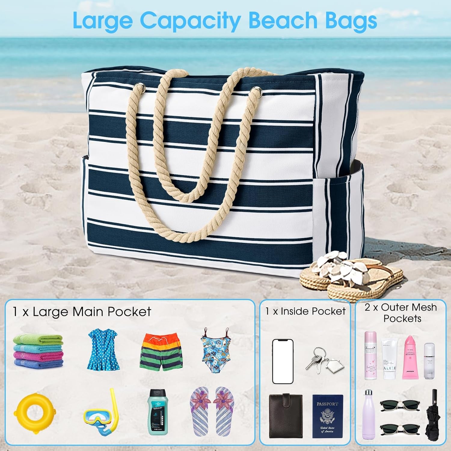 Beach Bag Large Waterproof Beach Tote Bags with Zip and Rope Handle Summer Holiday Essentials Shoulder Handbags for Travel Shopping Pool Gym Picnic