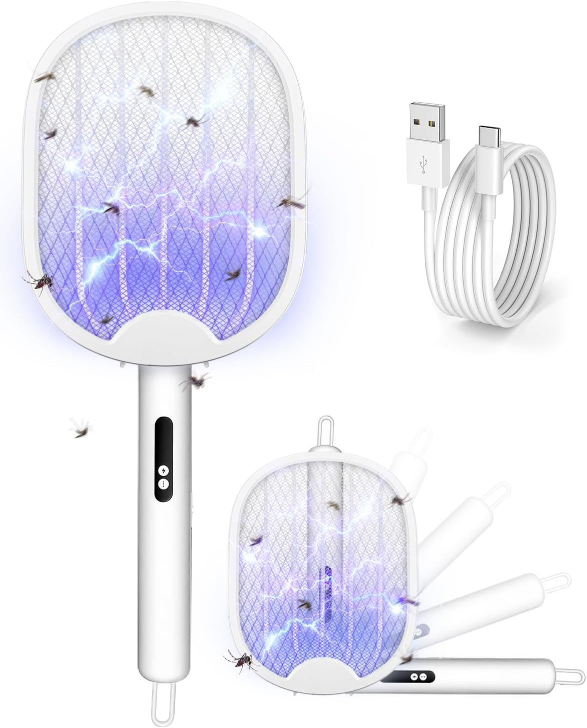Fly Zapper, Foldable Electric Mosquito Swatter 4000V, 1800Mah Rechargeable Bug Zapper Racket with Auto & Manual Mode, 180° Portable Mosquito Killer, Safe 3-Layer Mesh for Indoor & Outdoor Use