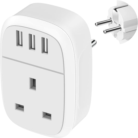 UK to European Adapter Plug, UK to EU Euro Europe Travel Adaptor with 3 USB Port, Grounded Schuko Charger for Germany France Spain Iceland Greece Poland Netherlands Austria Turkey (Type E/F)