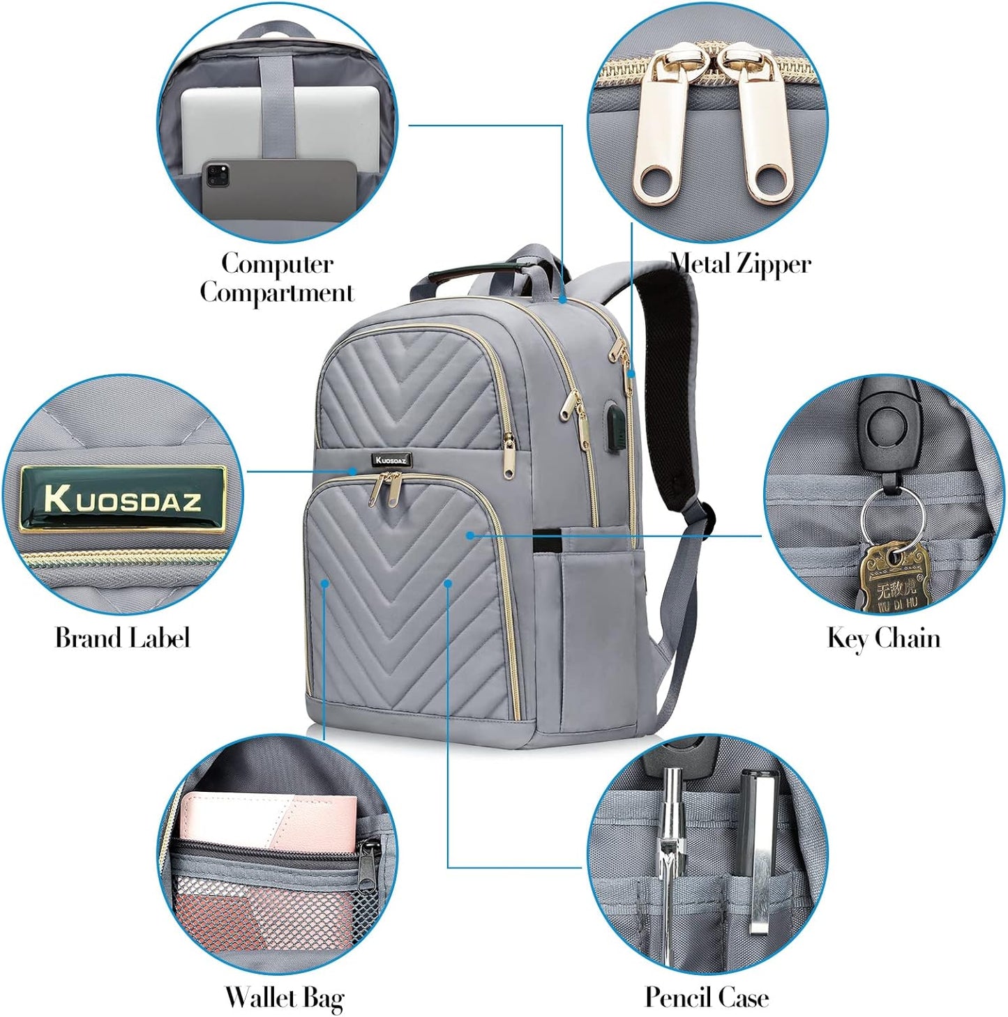 Backpack Women'S 15.6 Inch School Backpack Girls Teenagers with Charging Port for Lapptop Work Waterproof Backpack College Travel Business Everyday Women School Grey