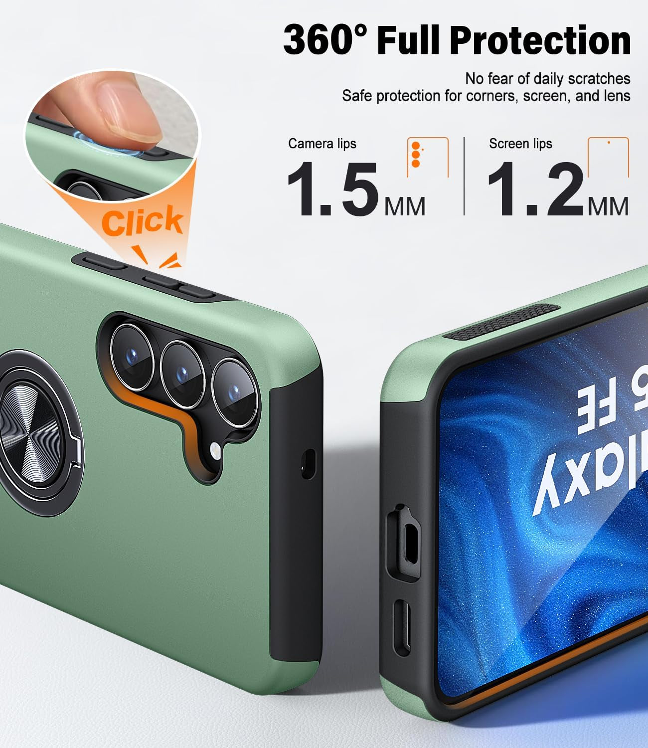 for Samsung Galaxy S25 FE Case with 2-Pack Screen Protector, 3-In-1 Set Cover, 360°Rotating Ring Stand, Military Protection, Shockproof Phone Case for Samsung S25 FE, Green