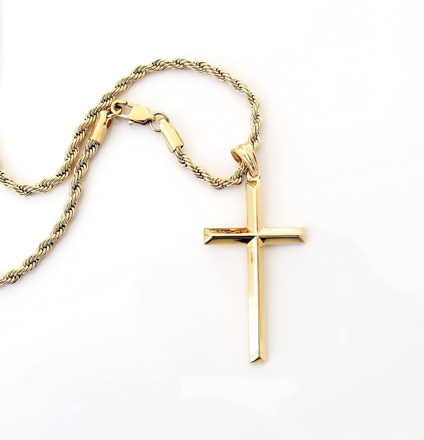 18K Gold Chain Cross Pendant Necklace for Men, Women 3MM Rope Cuban Curb Chain W/Real Strong Solid Clasp Gift for Husband, Wife Religious Beveled Edges