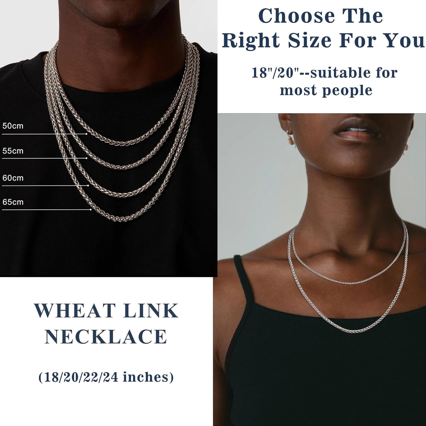 2/3Mm Silver Box/Wheat Stainless Steel Chain for Men, Fade-Proof and Durable Mens Silver Chain Neckalce Ideal Pendants Choice Jewellery Gift 18/20/22/24 Inch