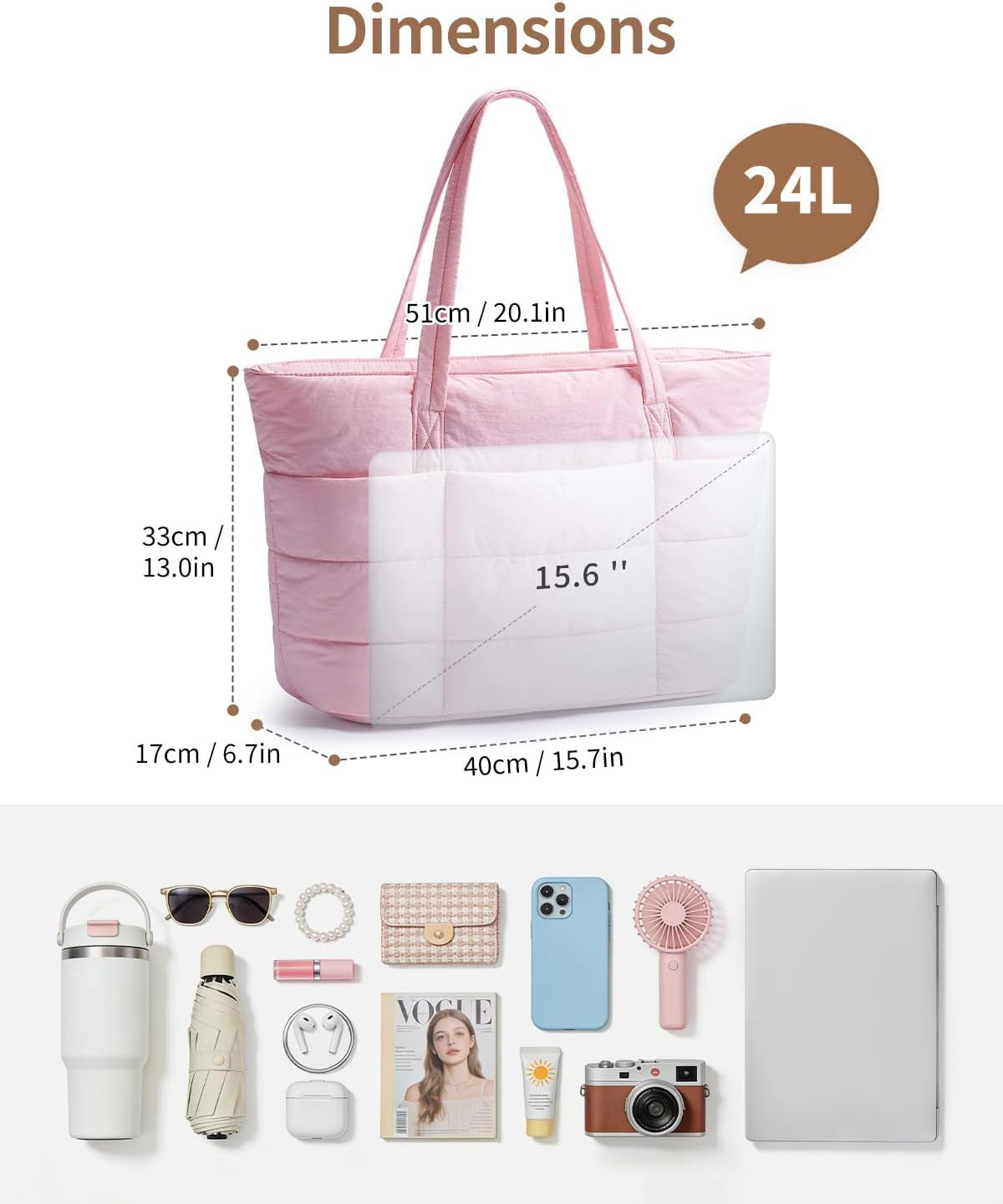 Tote Bags for Women, Ladies Handbags & Shoulder Bags, School Work Laptop Bags for Women, Quilted Puffer Teacher Hand Bag for College Shopping Travel Gym Beach