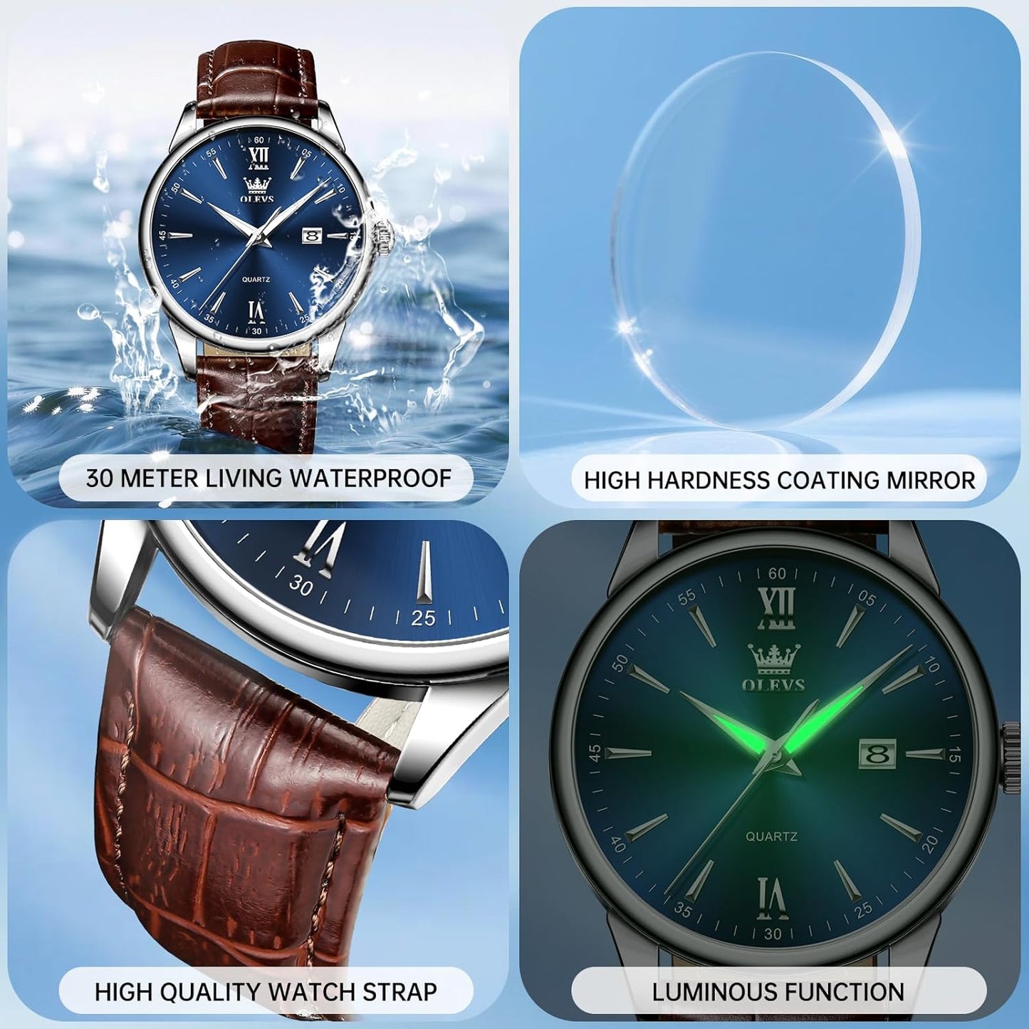Men'S Waterproof Watch Leather Strap Quartz Classic Wristwatch Simple Dial with Date Luminous Watches for Men