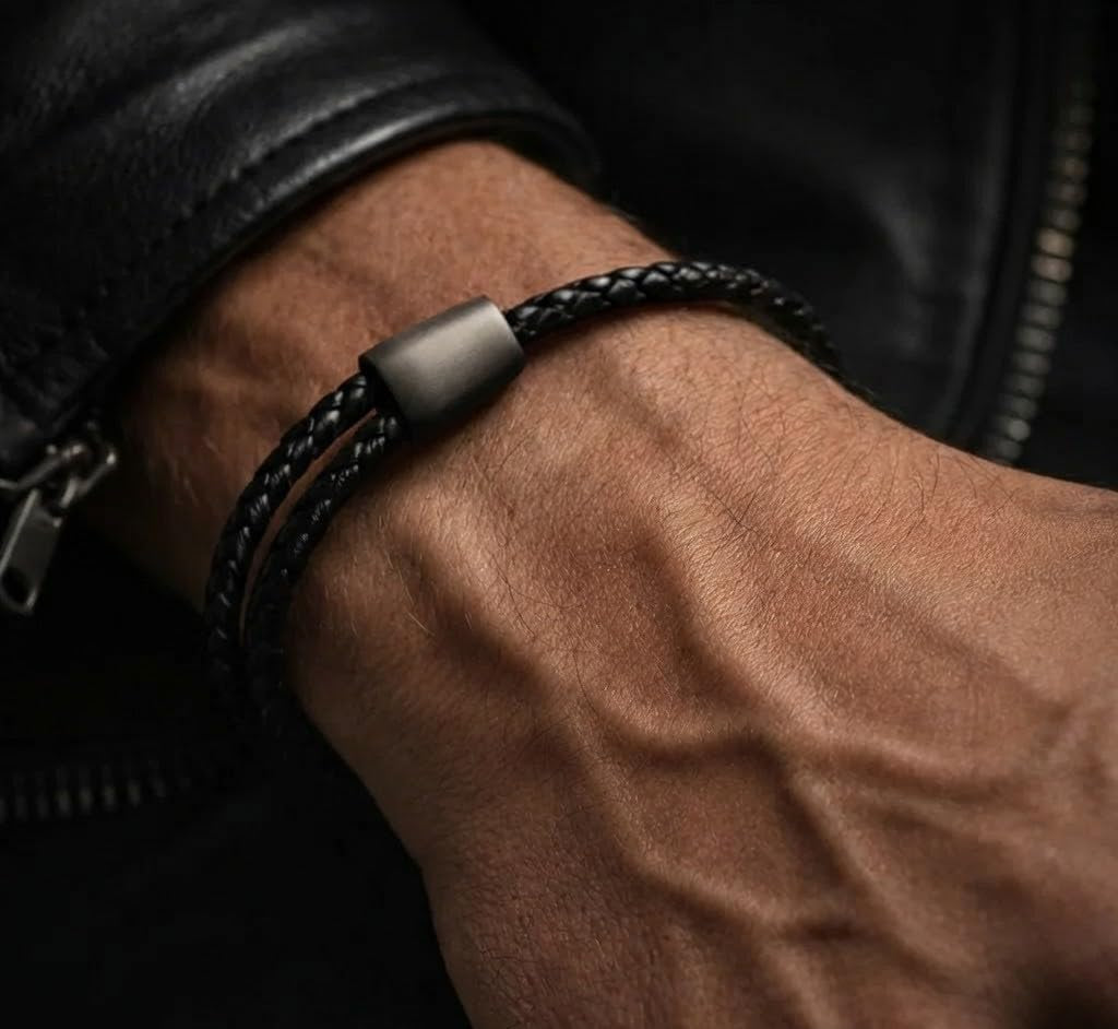 Men'S Adjustable Black Braided Leather Bracelet | Highly Polished Sliding Clasps | Design-Led, Artisan Jewellery from London