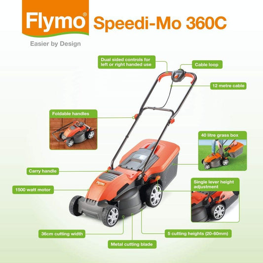 Speedi-Mo 360C Electric Wheeled Lawn Mower, 1500 W, Cutting Width 36 Cm, Orange/Black