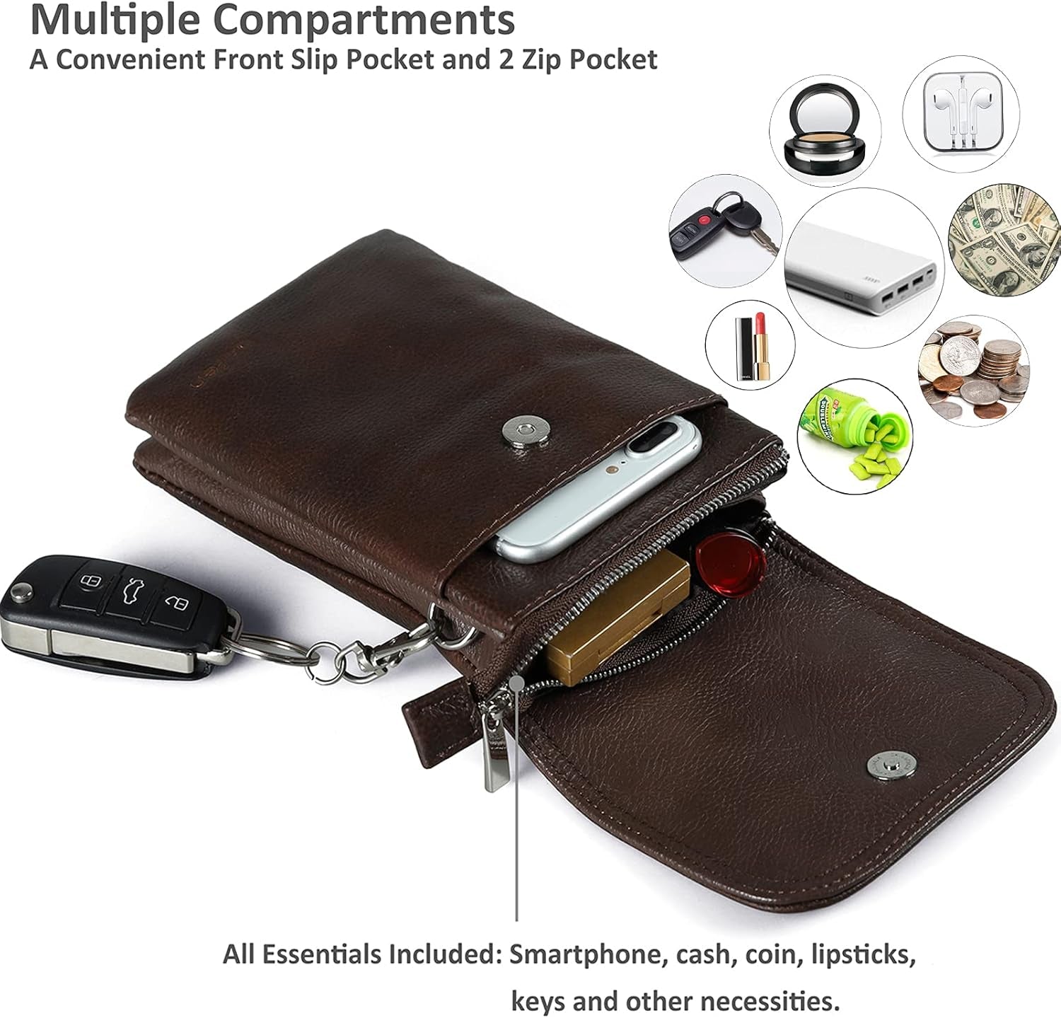 Genuine Leather Phone Bag, Real Leather Phone Purse Wallet, Small Cell Phone Cross Body Bag for Women with Long Strap and Key Ring - Fit 8 plus or Phone Less 6.5 Inch