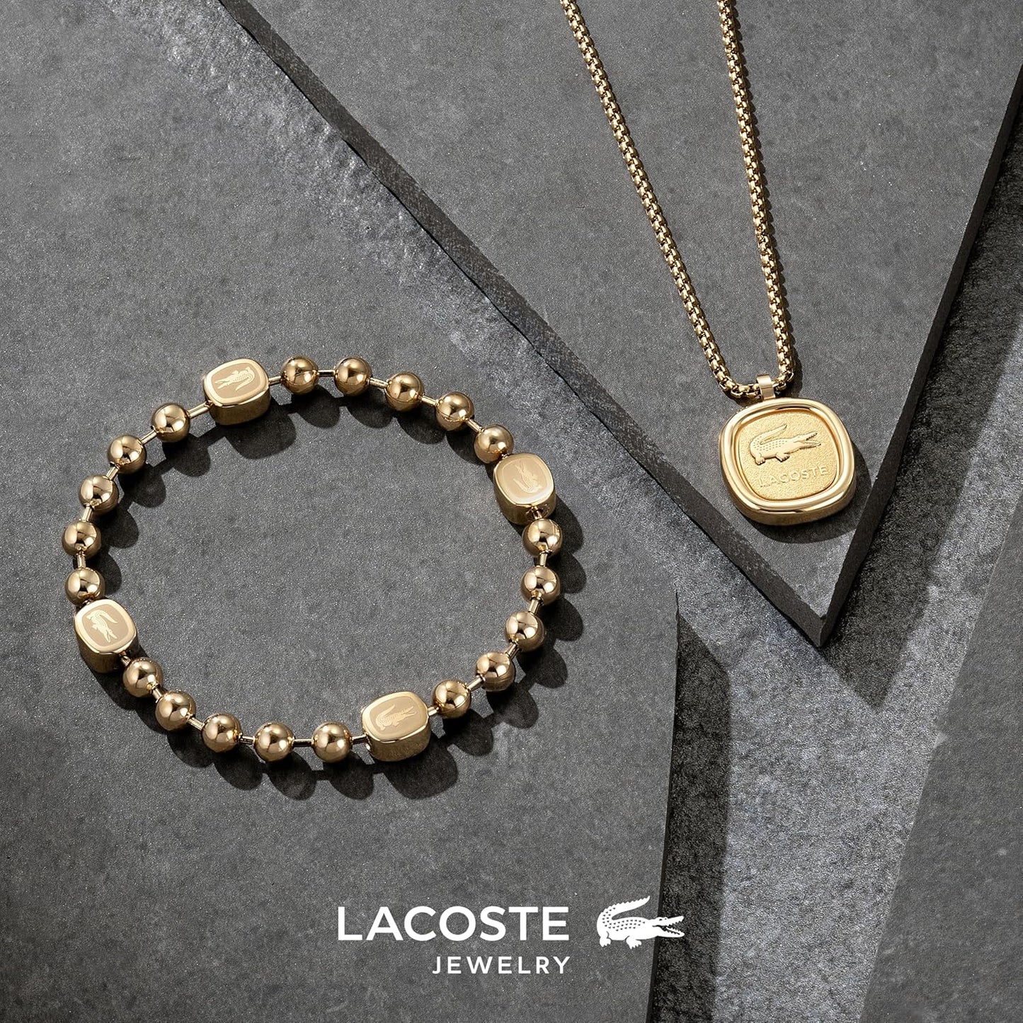 Lacoste Men'S VIGOR Collection Beaded Bracelet in Stainless Steel and Yellow Gold