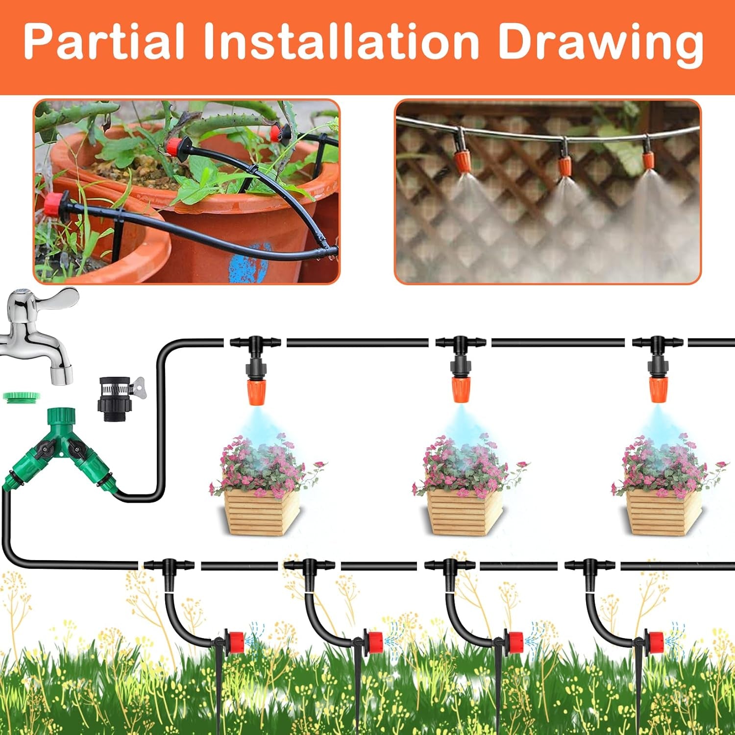 164FT/50M Irrigation System Kit, Automatic Watering System with Irrigation Tubing and Accessories, Drip Irrigation System for Greenhouse, Yard, Lawn, Plant (202PCS/50M Hose)