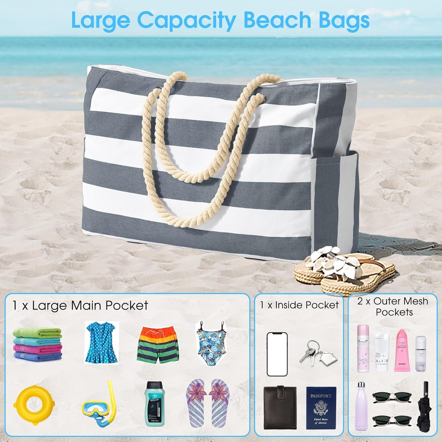 Beach Bag Large Waterproof Beach Tote Bags with Zip and Rope Handle Summer Holiday Essentials Shoulder Handbags for Travel Shopping Pool Gym Picnic