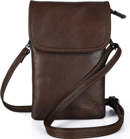 Genuine Leather Phone Bag, Real Leather Phone Purse Wallet, Small Cell Phone Cross Body Bag for Women with Long Strap and Key Ring - Fit 8 plus or Phone Less 6.5 Inch