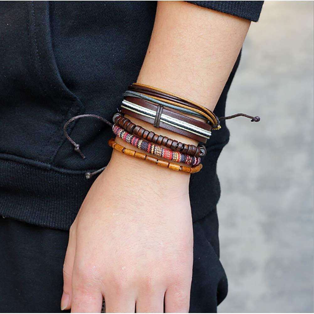 Unisex Mixed Bracelets Adjustable Handmade Multi Strand Braided Cowhide Bracelets Woven Leather Wristbands Wooden Beads Bracelet Wrist(1Set of 5 Pcs)