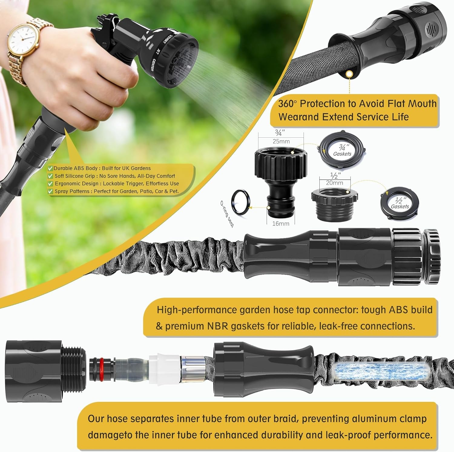 Expandable Garden Hose 50Ft Hose Pipe Expandable with 3/4", 1/2" Fittings, Anti-Leakage - Flexible Expanding Hose with 10 Function Spray Gun