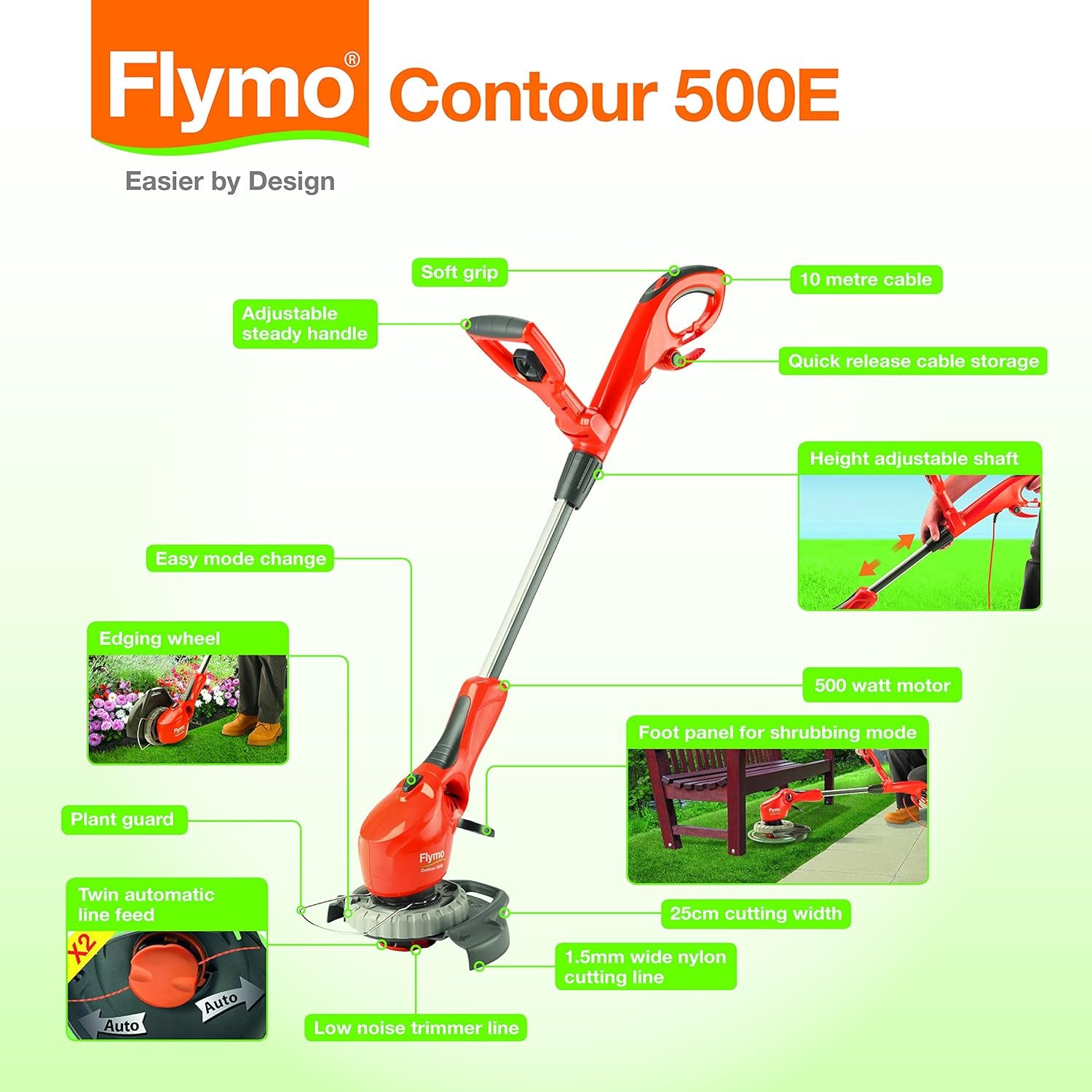 Contour 500E Electric Grass Trimmer and Edger, 500 W, Cutting Width 25 Cm, Orange