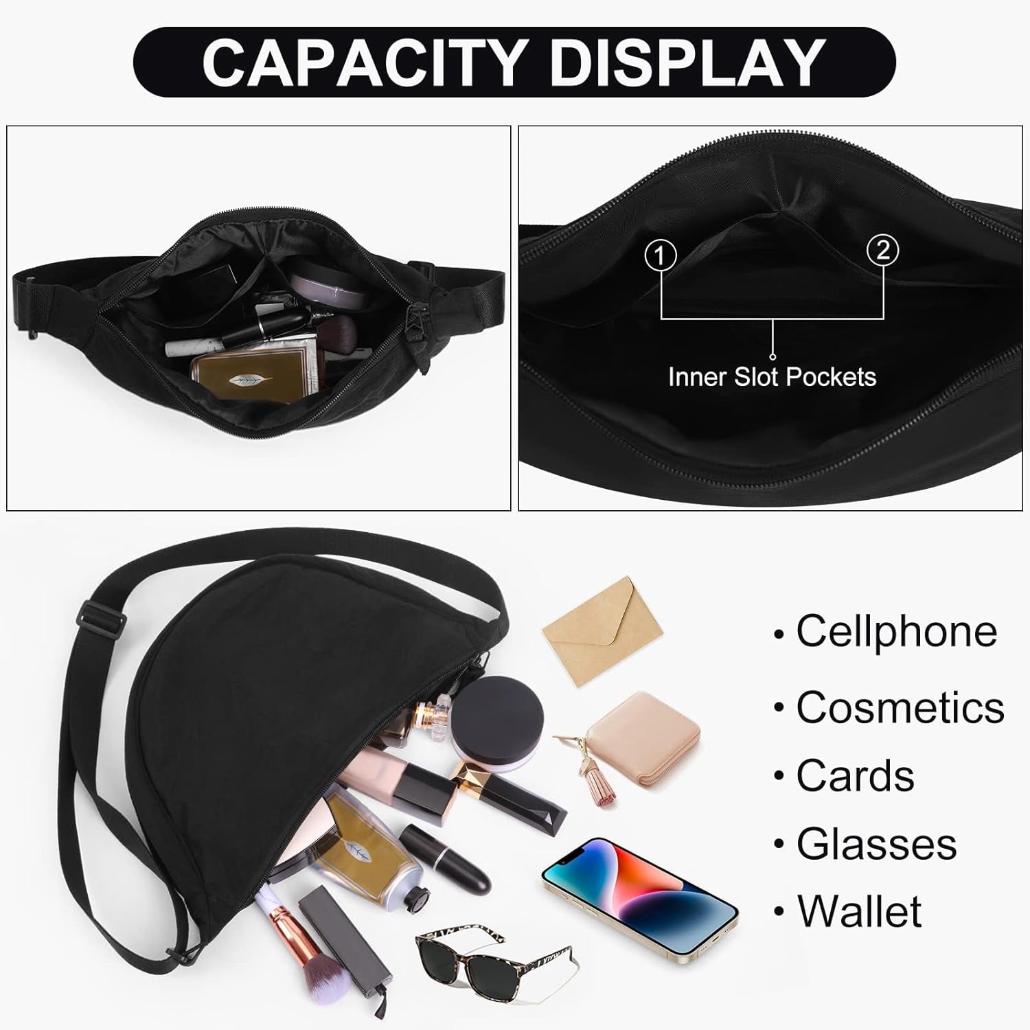 Women'S Nylon Crescent Bag - Hobos Crossbody Shoulder Bag with Adjustable Strap - Solid Color Chest Fanny Pack