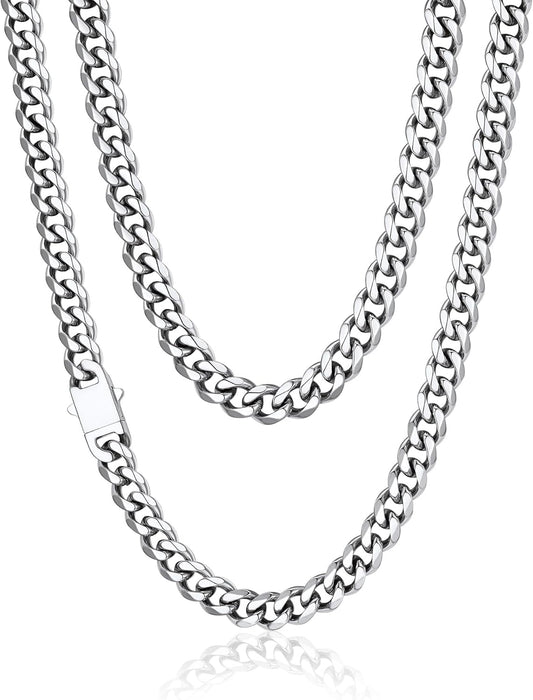Men Cuban Chain Necklace with Sturdy Clasp 6/9/12Mm Width 18-30 Inch Length Chunky Necklace Silver/Gold Plated/Black 316L Stainless Steel Hip Hop Jewellery (Send Box)