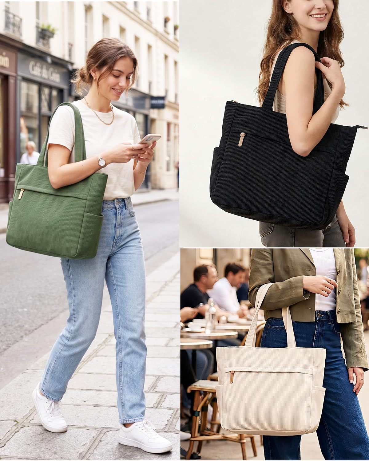 Corduroy Tote Bags for Women Large Tote Bag with Zipper Shoulder Bags Handbags for College School Work Shopping Travel