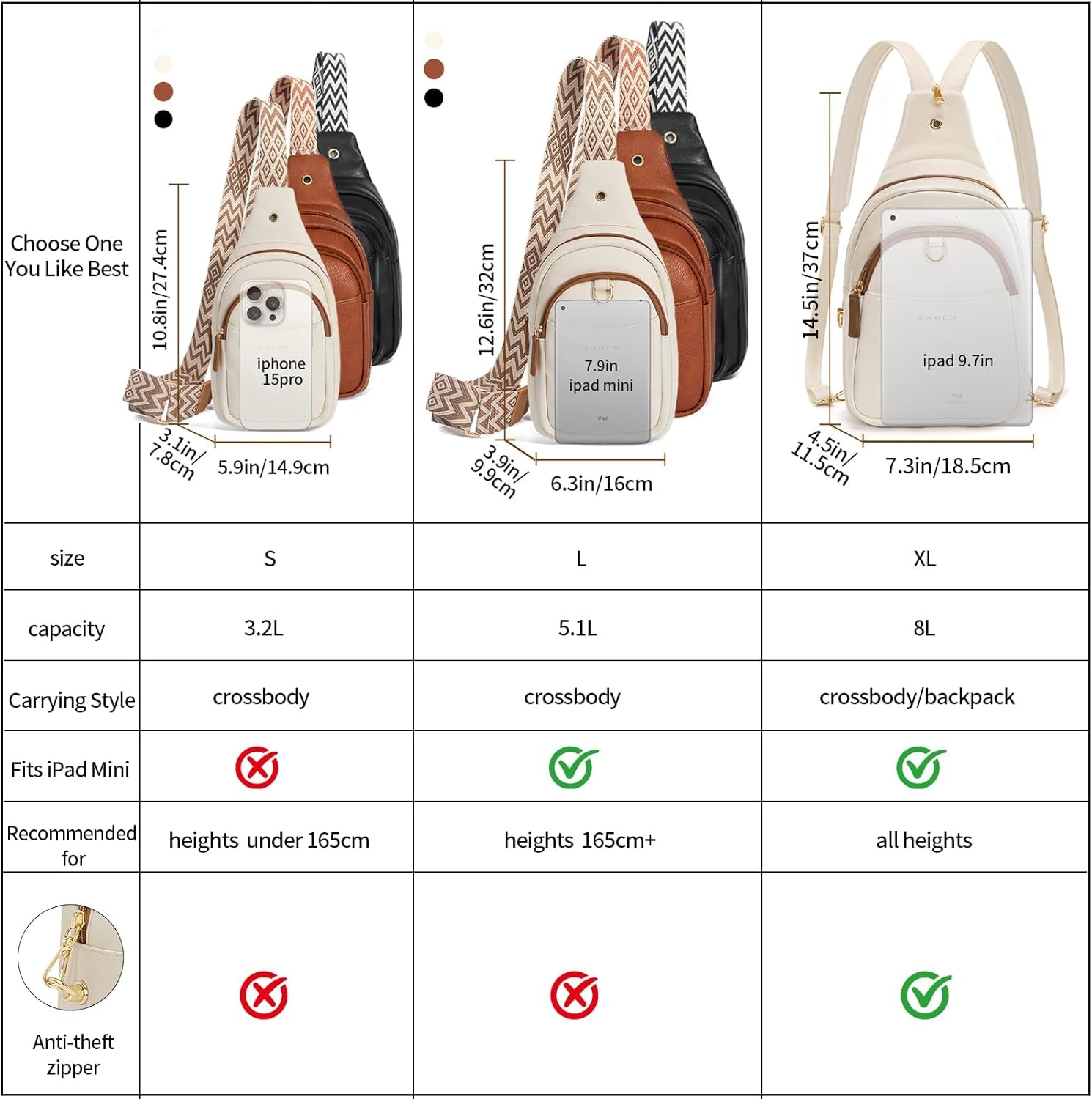 Crossbody Bag for Women Leather Sling Belt Bag Small Shoulder Chest Bag Purses with Adjustable Guitar Strap Phone Cable Hole Fanny Pack Boho Style Cross Body Bags with for Ladies Shopping Travel