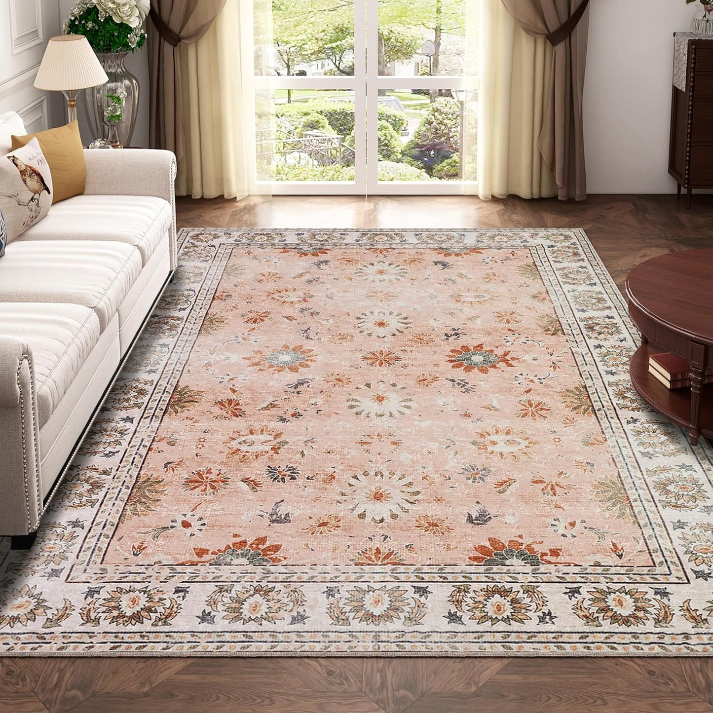 Machine Washable Rug Vintage Area Rug for Living Room Non-Slip Traditional Rug Carpet for Office Kitchen Dining Blush 120X170Cm