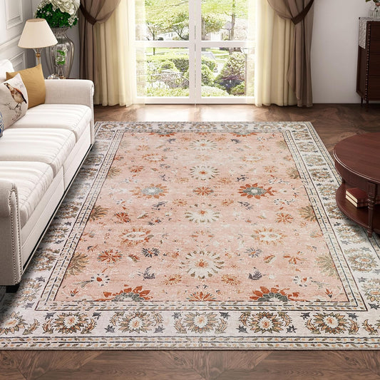 Machine Washable Rug Vintage Area Rug for Living Room Non-Slip Traditional Rug Carpet for Office Kitchen Dining Blush 120X170Cm