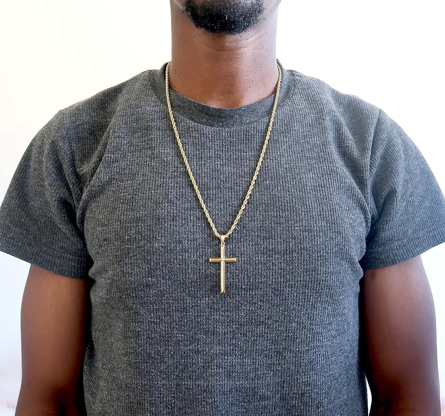 18K Gold Chain Cross Pendant Necklace for Men, Women 3MM Rope Cuban Curb Chain W/Real Strong Solid Clasp Gift for Husband, Wife Religious Beveled Edges