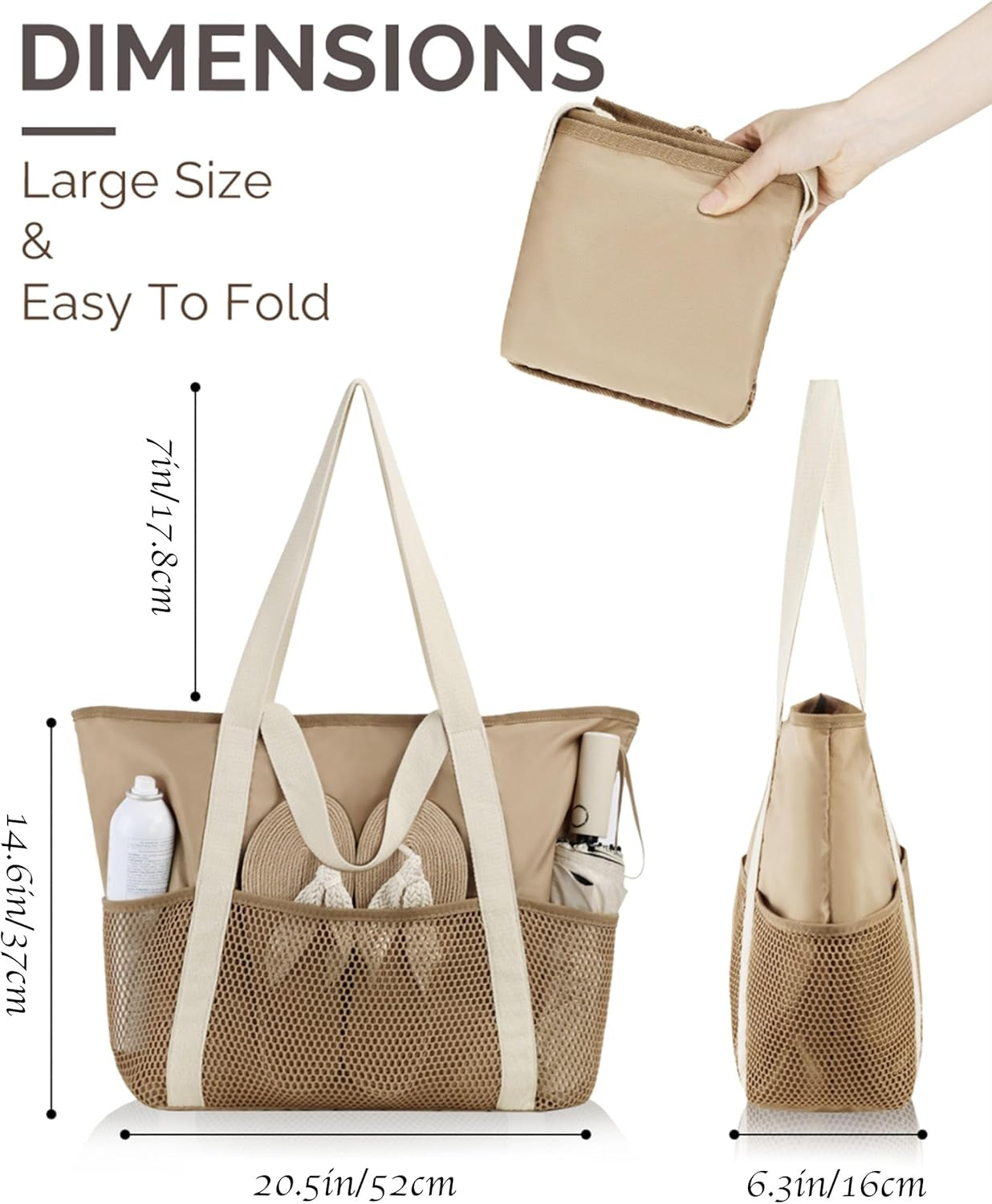 Beach Tote Bag for Women with Zip and Pockets Large Waterproof Mesh Holiday Handbag for Travel Swimming Pool Shopping Gym