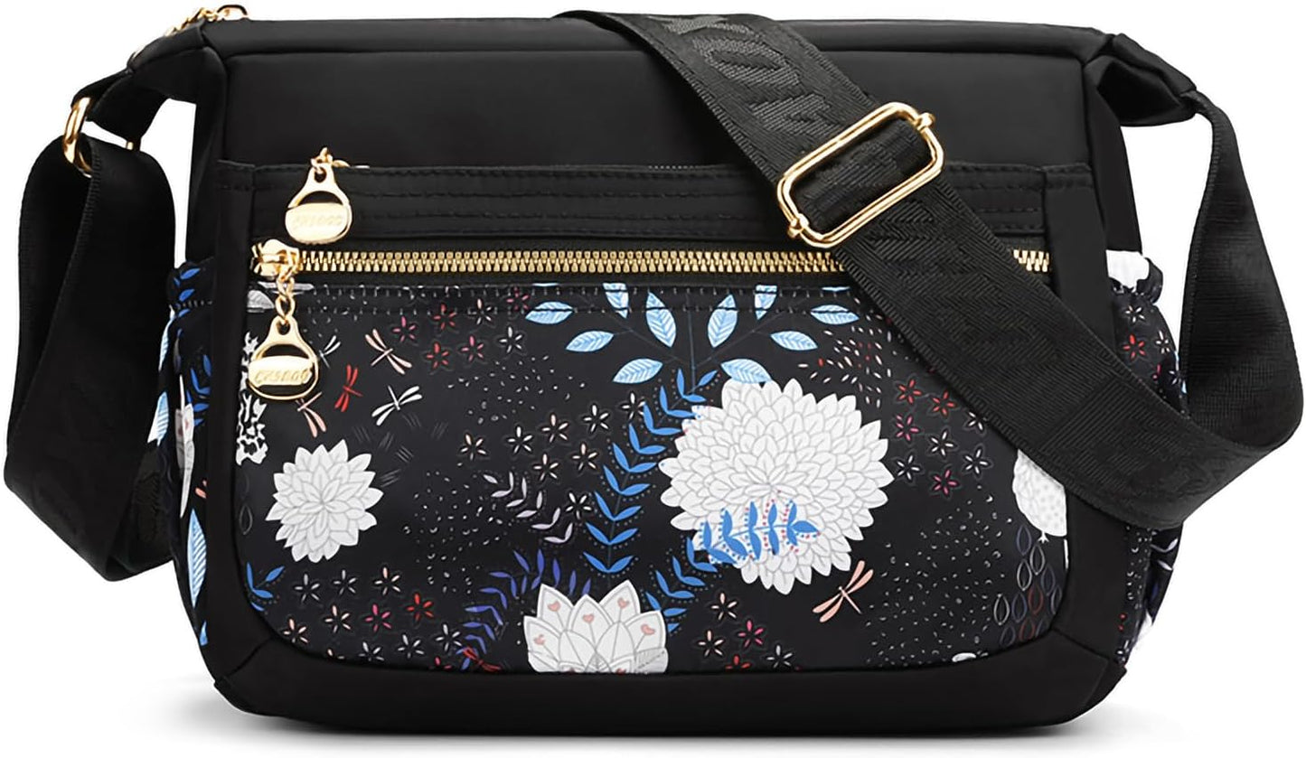 Shoulder Bag Women Large Colourful Crossbody Handbag Ladies Lightweight Nylon Messenger Bag Multiple Pockets Flower C