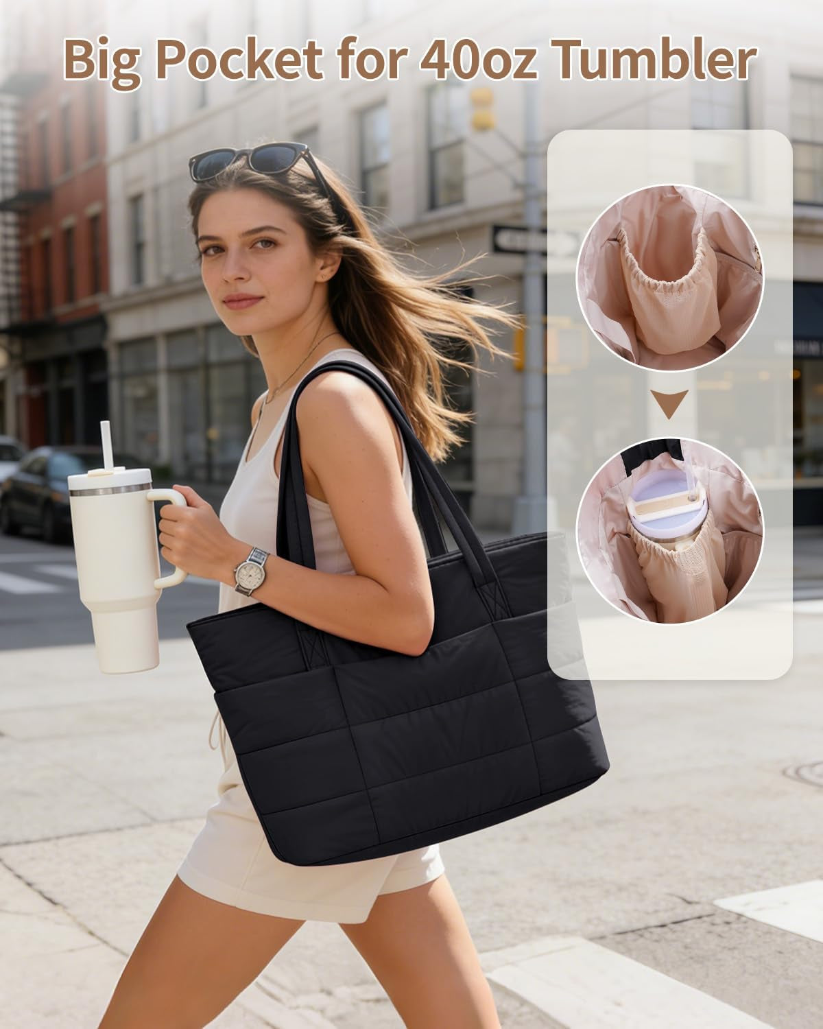Tote Bags for Women, Ladies Handbags & Shoulder Bags, School Work Laptop Bags for Women, Quilted Puffer Teacher Hand Bag for College Shopping Travel Gym Beach
