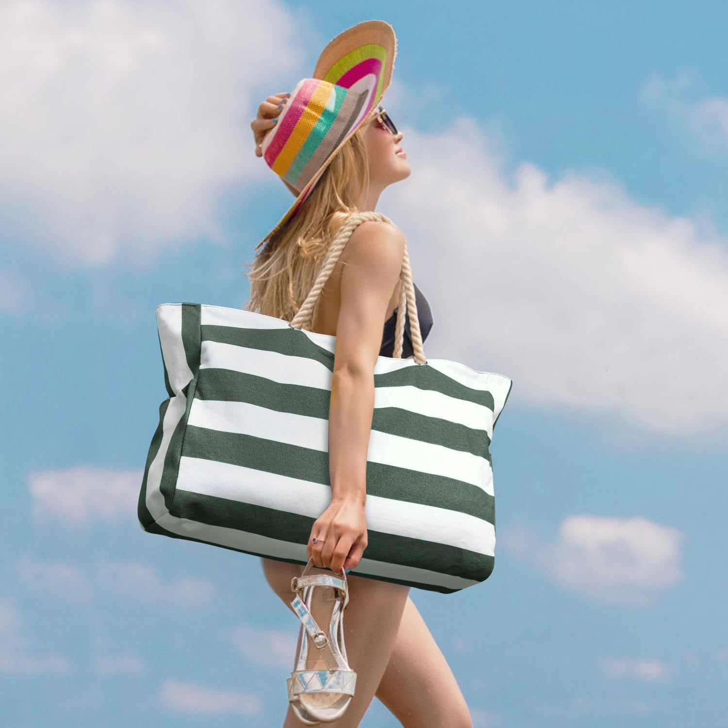 Beach Bag Large Waterproof Beach Tote Bags with Zip and Rope Handle Summer Holiday Essentials Shoulder Handbags for Travel Shopping Pool Gym Picnic