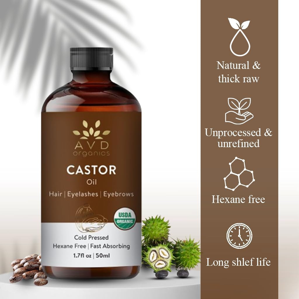 Castor Oil 50Ml | USDA Certified Organic | 100% Pure & Hexane Free | Cold Pressed Castor Oil for Eyelashes, Eyebrows & Hair Growth | with Eyebrow & Eyelash Brush – 1.7 Fl Oz