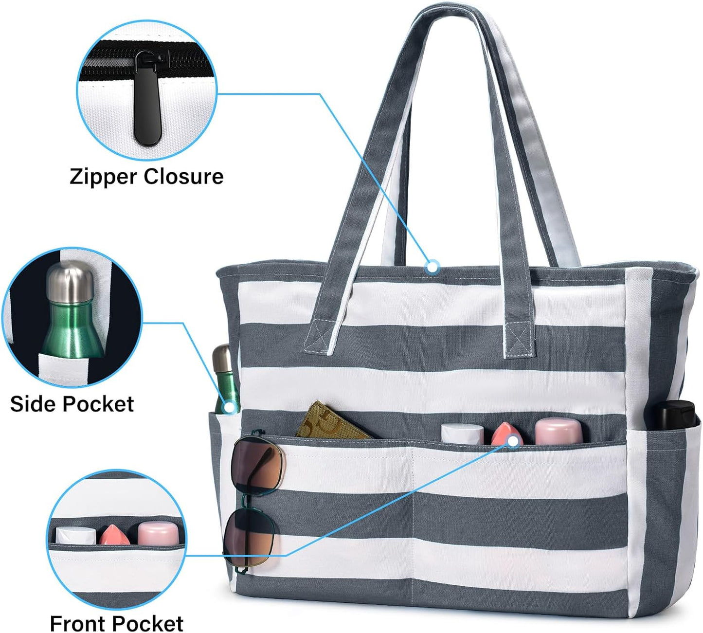 Large Beach Bag with 8 Pockets, Waterproof Beach Bags for Women, Sandproof Summer Beach Tote Bag Holiday Essentials Shopping Bag Travel Bag Handbags for Pool Gym