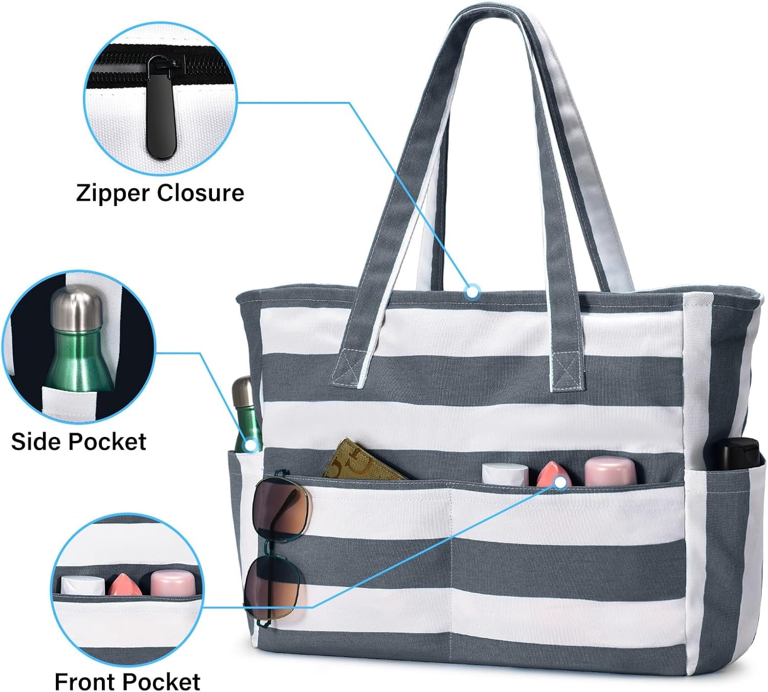 Large Beach Bag with 8 Pockets, Waterproof Beach Bags for Women, Sandproof Summer Beach Tote Bag Holiday Essentials Shopping Bag Travel Bag Handbags for Pool Gym