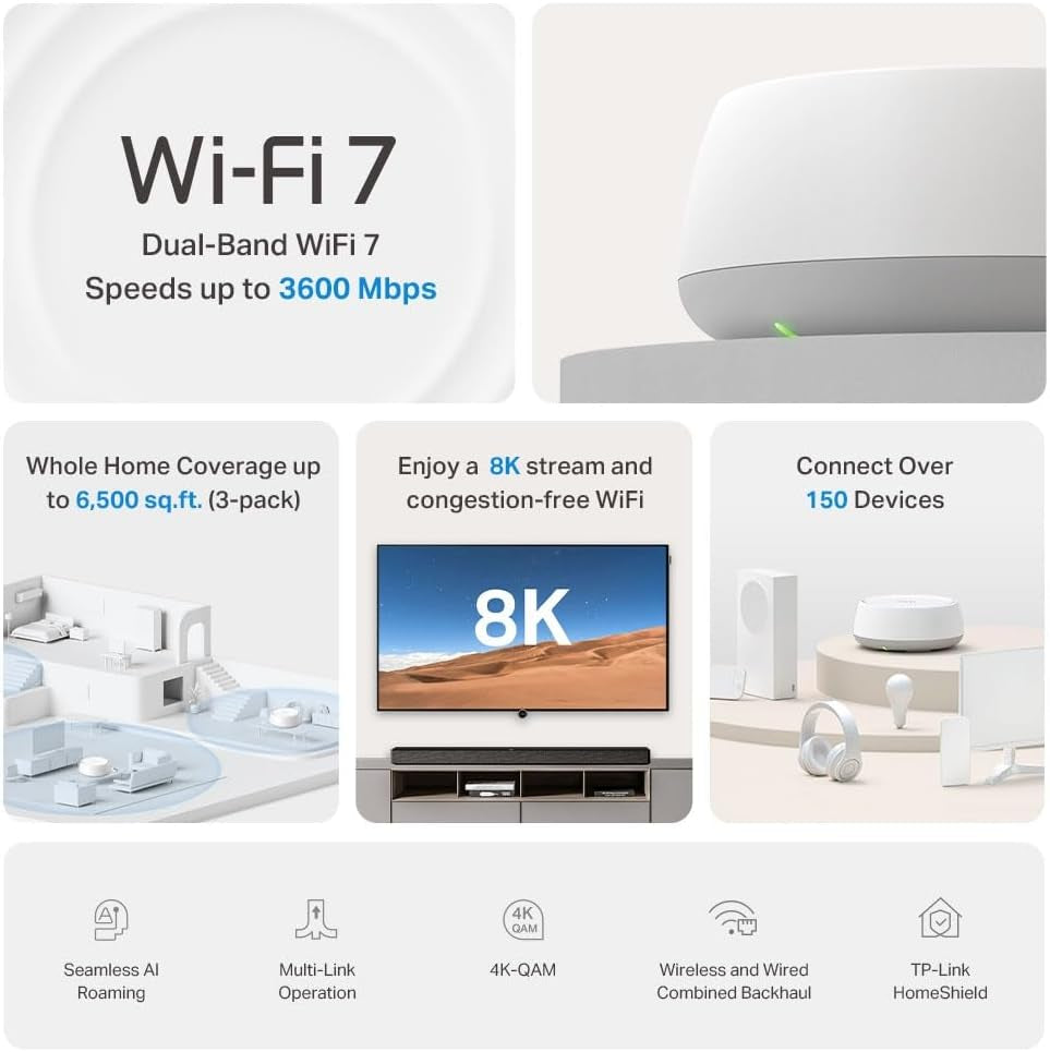 Deco Be3600(3-Pack) Mesh Wifi 7 System, Dual-Band AI Roaming Router, MLO, 4K-QAM, Homeshield, Whole Home Coverage, 150+ Devices Connection, Extender Booster, VPN, Google Home/Alexa