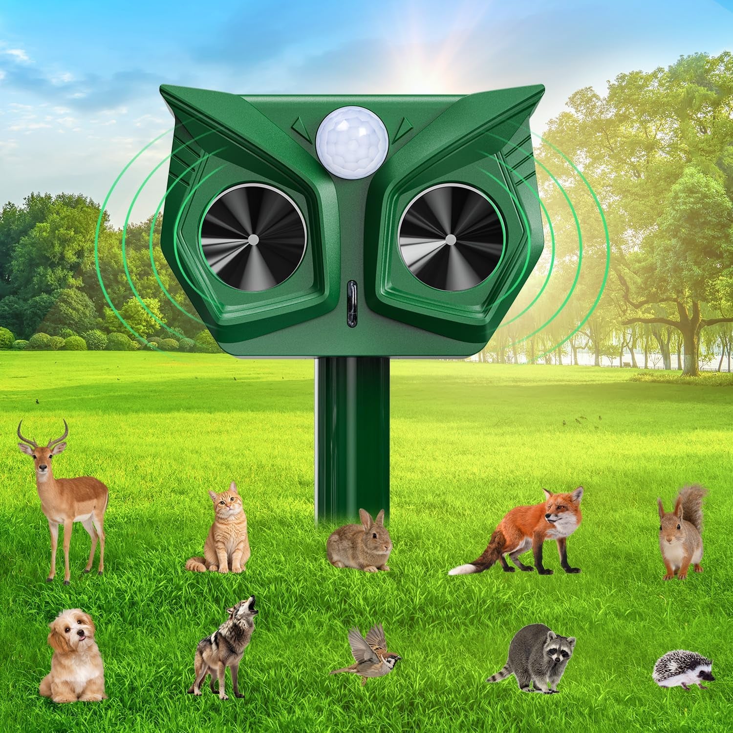 Cat Repellent for Gardens UK, Ultrasonic Cat Scarer Solar Powered & USB Charged with PIR Motion Sensor, LED Flash, Waterproof, 5 Frequency Modes, Deterrent for Cats Dogs Birds Foxes Squirrels