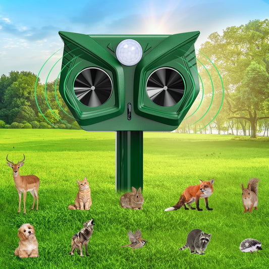 Cat Repellent for Gardens UK, Ultrasonic Cat Scarer Solar Powered & USB Charged with PIR Motion Sensor, LED Flash, Waterproof, 5 Frequency Modes, Deterrent for Cats Dogs Birds Foxes Squirrels
