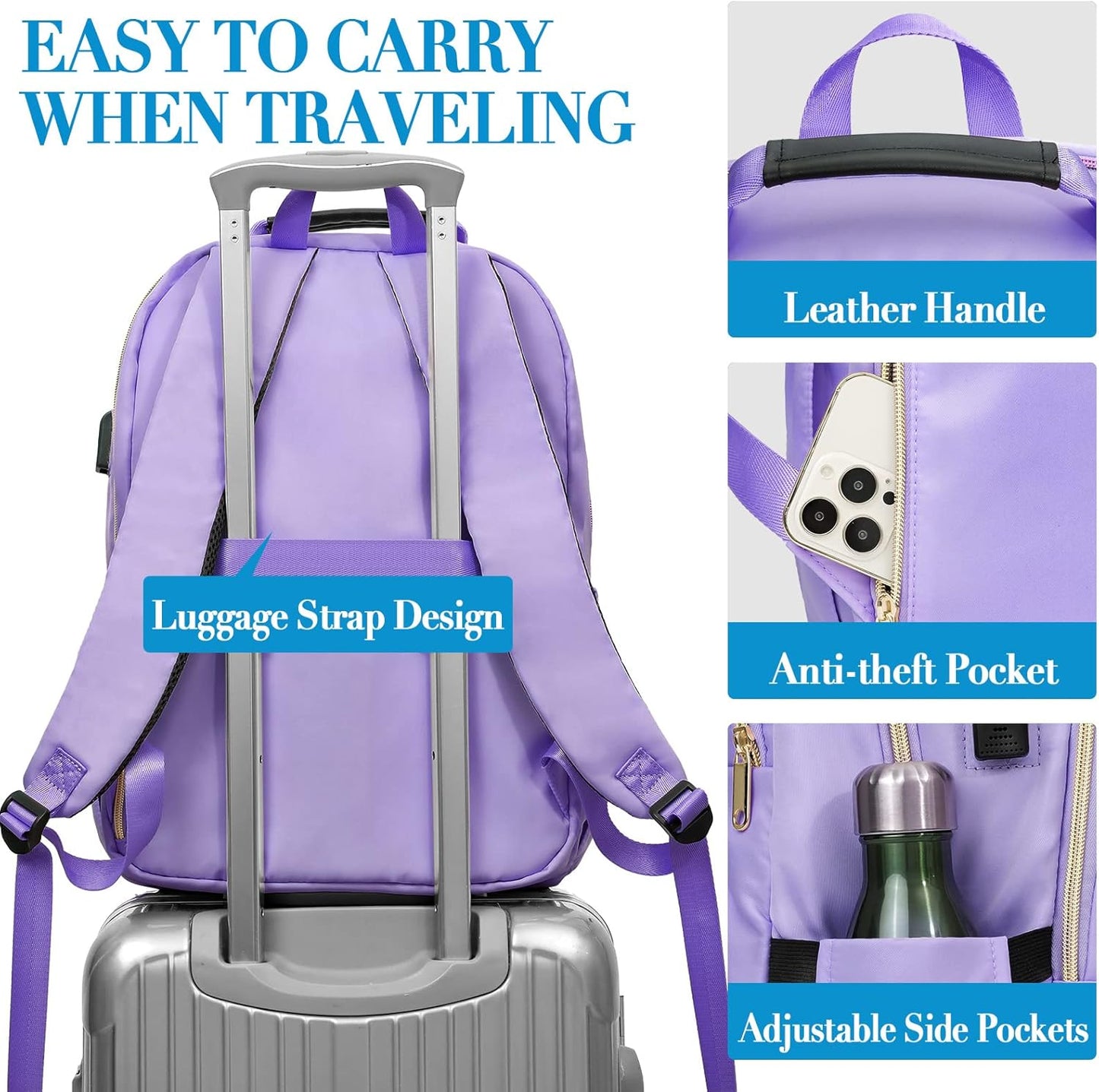 Laptop Backpack for Women, School Backpack for Teens, 15.6 Inch Large Fashion College Bookbag for Girls with Charging Port, Women Work Travel Back Pack Purse Casual Daypacks, Purple