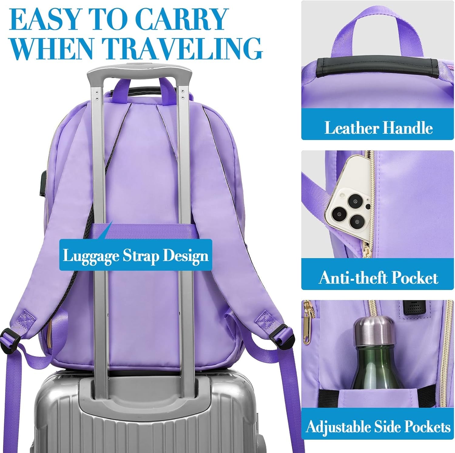 Laptop Backpack for Women, School Backpack for Teens, 15.6 Inch Large Fashion College Bookbag for Girls with Charging Port, Women Work Travel Back Pack Purse Casual Daypacks, Purple