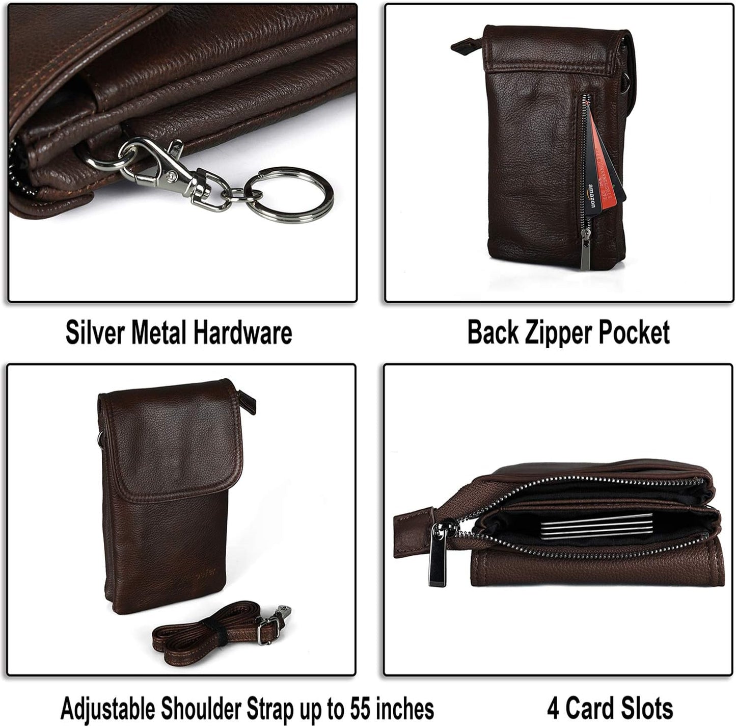 Genuine Leather Phone Bag, Real Leather Phone Purse Wallet, Small Cell Phone Cross Body Bag for Women with Long Strap and Key Ring - Fit 8 plus or Phone Less 6.5 Inch