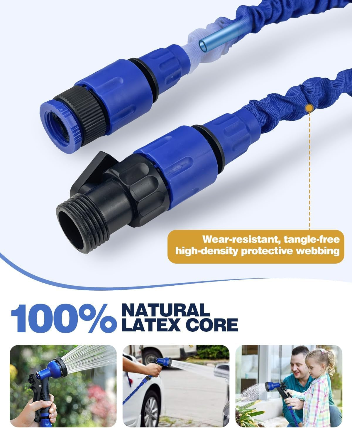 Expandable Garden Hose Pipe - 100FT Flexible Expanding Magic Hose with 3/4", 1/2" Fittings, 8 Function Spray Nozzle, Anti-Leakage - Heavy Duty Water Hose for Spring/Summer (Blue, 100FT)