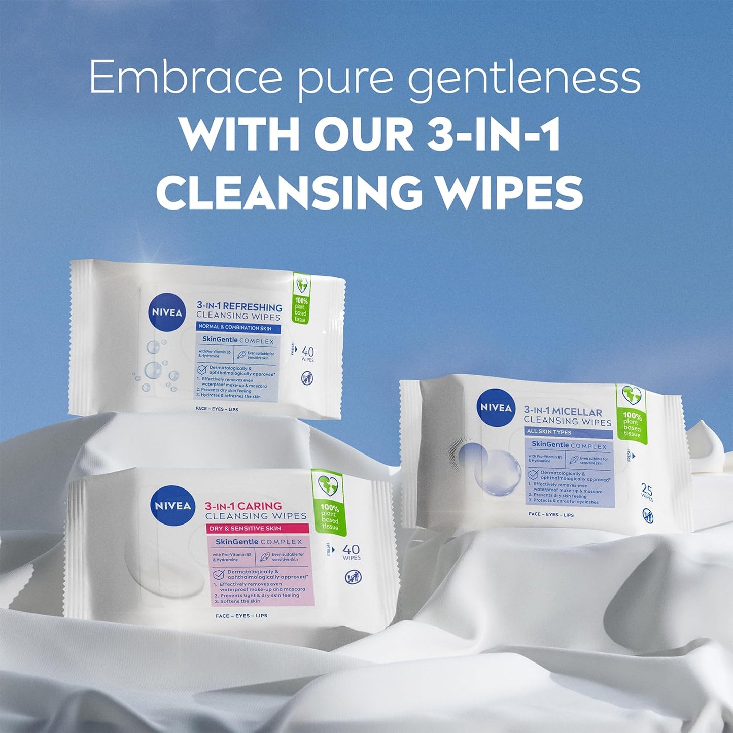 3In1 Caring Cleansing Wipes Dry Skin (40 Wipes), Plant-Based Makeup Remover Sheets, Face Wipes for Dry Skin, Gentle yet Effective Makeup Removal