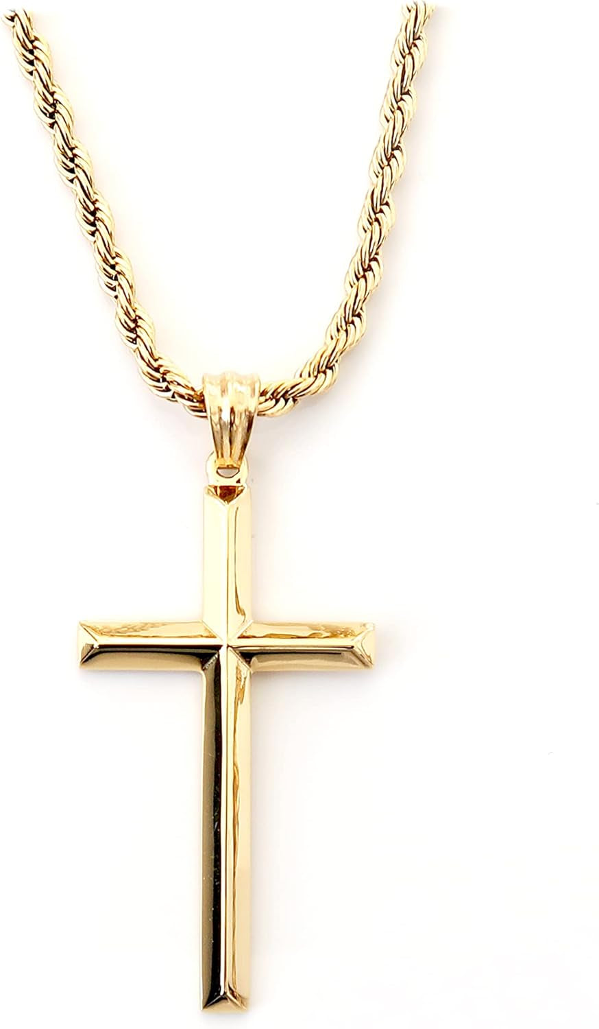 18K Gold Chain Cross Pendant Necklace for Men, Women 3MM Rope Cuban Curb Chain W/Real Strong Solid Clasp Gift for Husband, Wife Religious Beveled Edges