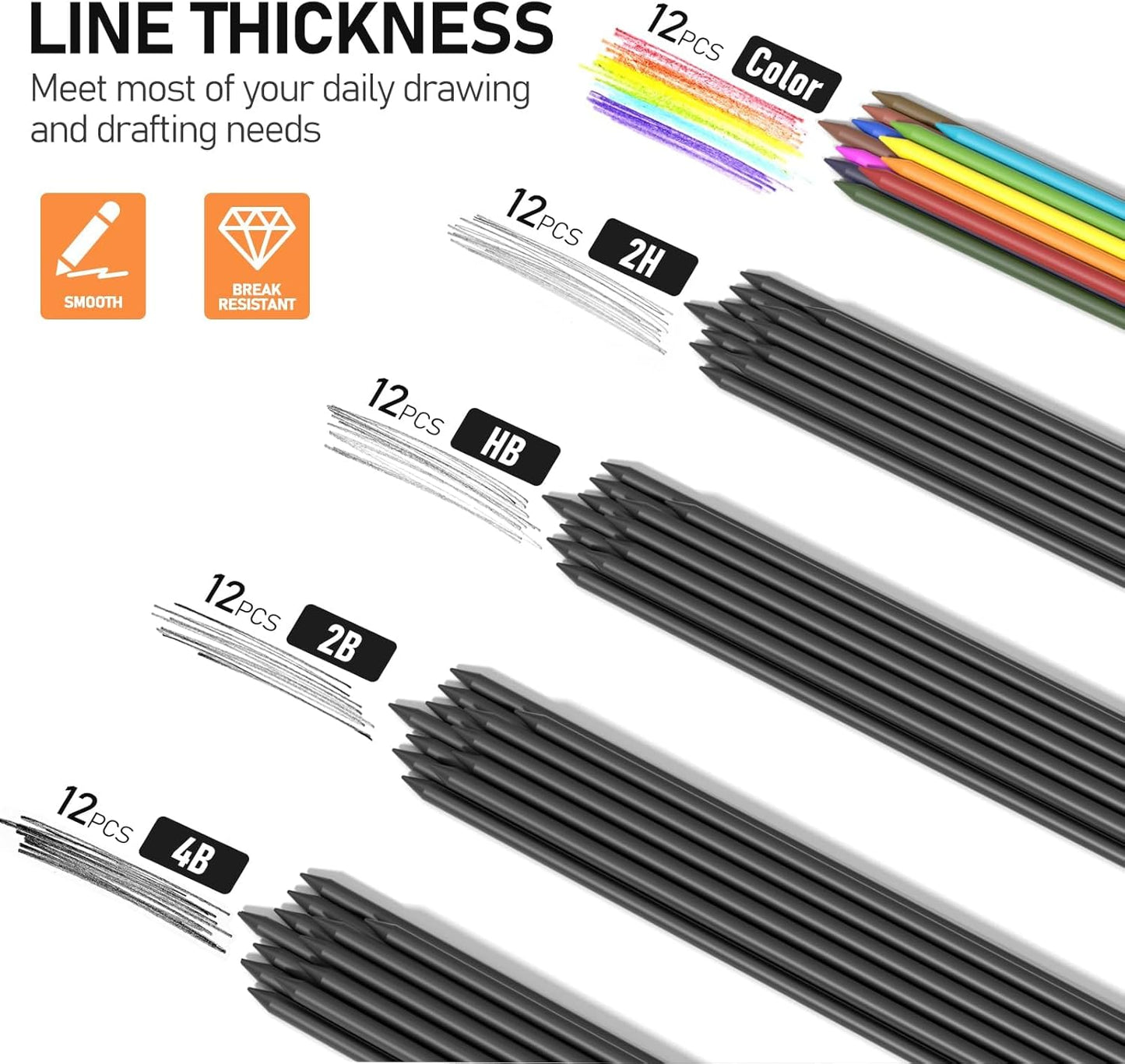 2MM Mechanical Pencil Set with Case, Artist Lead Pencil Metal Lead Holder with 60PCS Graphite Led Refill (HB, 2H, 2B, 4B, Color) Kneaded Eraser, Sharpener for Writing, Drawing, Sketching