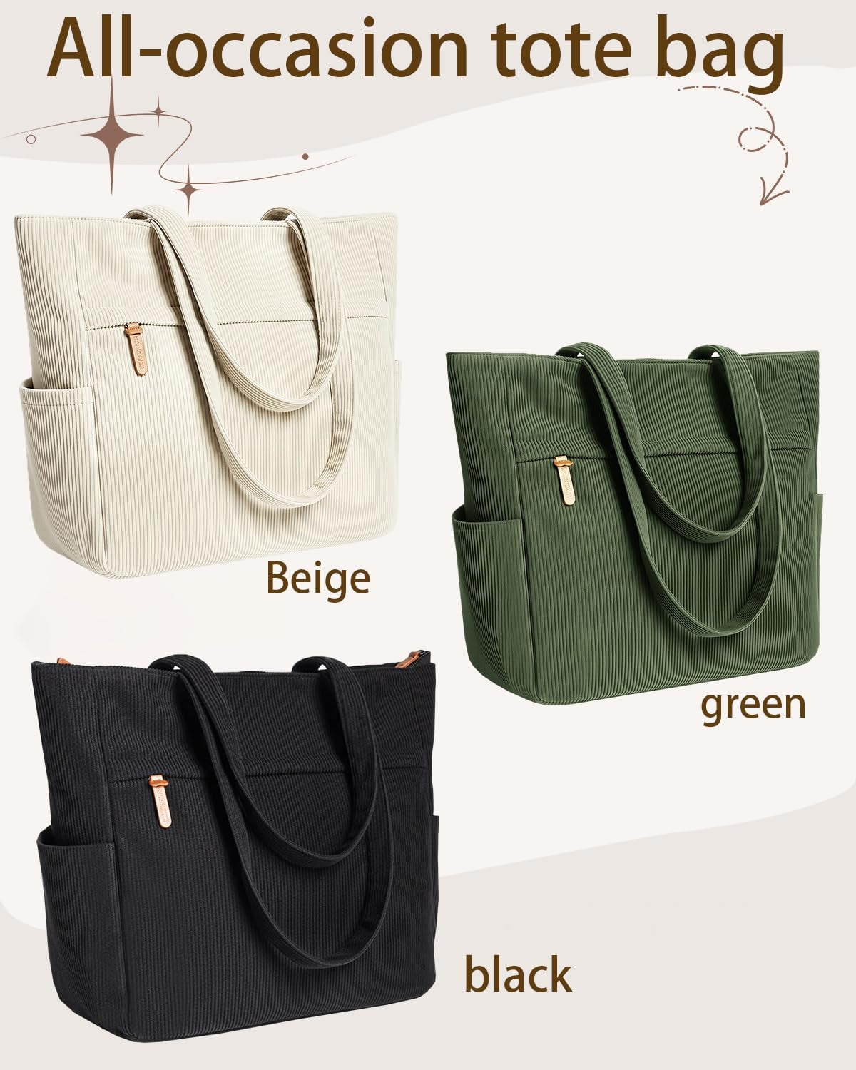 Corduroy Tote Bags for Women Large Tote Bag with Zipper Shoulder Bags Handbags for College School Work Shopping Travel